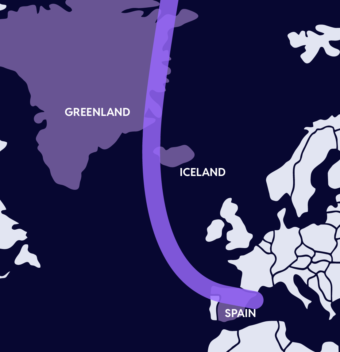 Map with a line through Greenland, Iceland, and Spain.