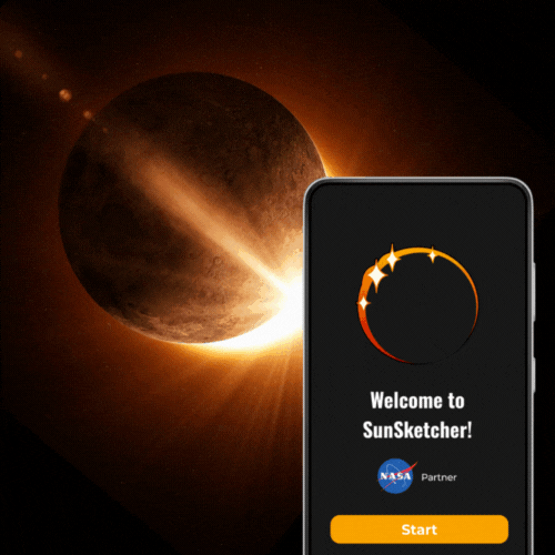 An eclipse video plays with an iPhone displaying a Sunsketcher home screen. The background video and the homescreen both show the diamond ring effect of the solar eclipse.