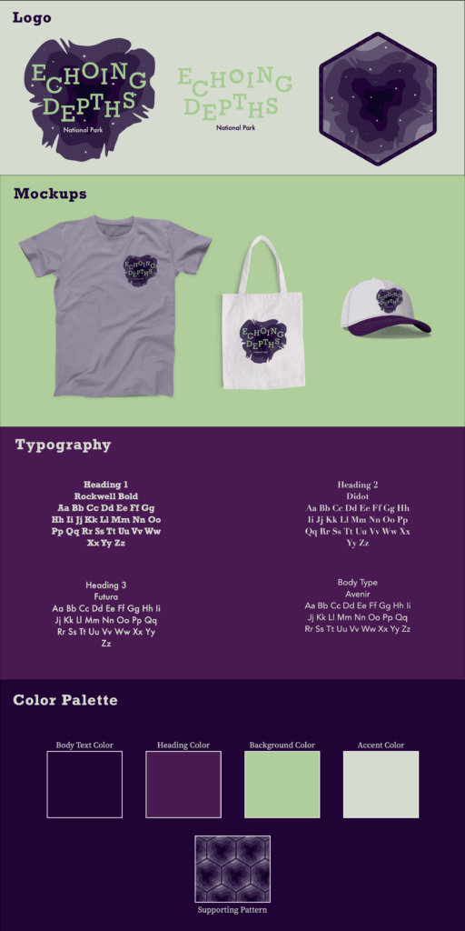 Brand board with logos, product mockups, fonts, and colors.
