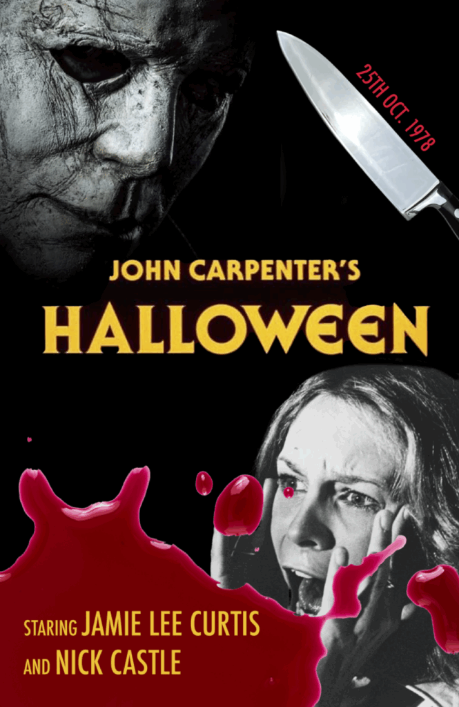 Poster for John Carpenter's 1978 Halloween film, with a scary masked figure, a woman screaming, a knife, and blood splatters.