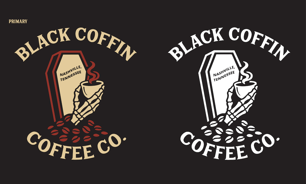 Two versions of a logo, one in color and one without, of a coffin surrounded by coffee beans. A skeletal hand holds up a coffee mug.