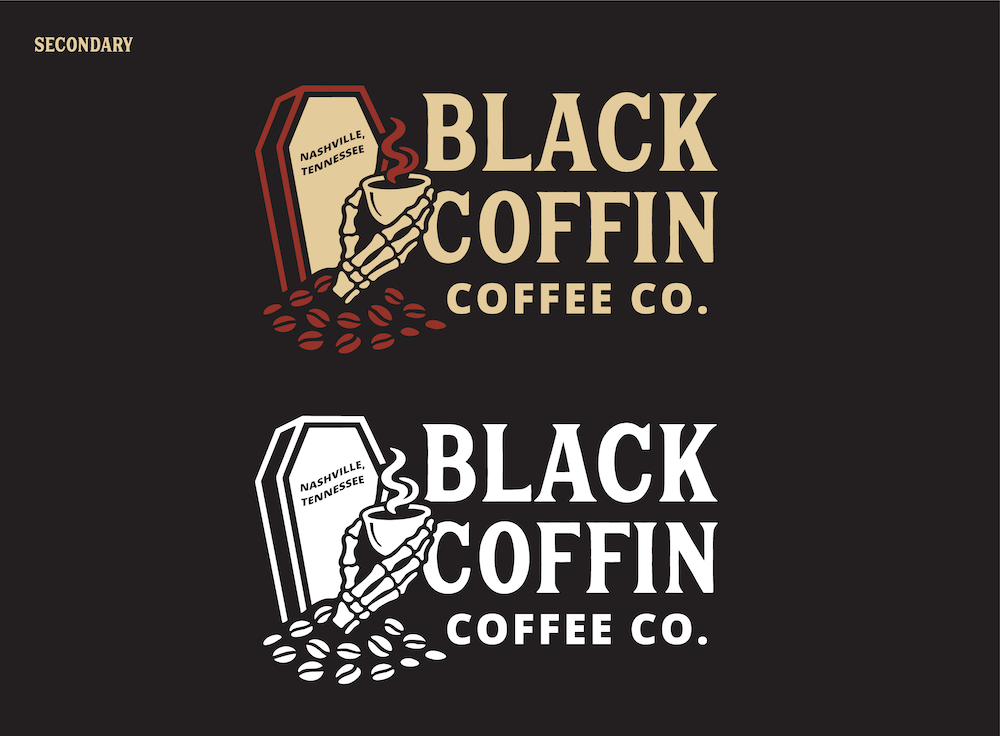 Two versions of a logo, one in color and one without, of a coffin surrounded by coffee beans. A skeletal hand holds up a coffee mug. Logo spells out the name horizontally.